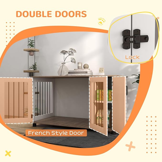 PawHut Dog Crate Furniture Side End Table with Storage, Dog Kennel Furniture Indoor with Double Doors for Medium and Large Dogs, Walnut