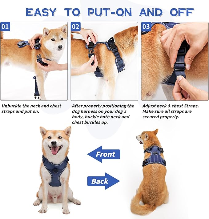 Dog Harness, No Pull Pet Harness No-Choke with 2 Metal Rings 3 Buckles Reflective Adjustable Soft Padded Pet Vest with Easy Control Handle for Small Medium Large Dogs (Small, Blue)