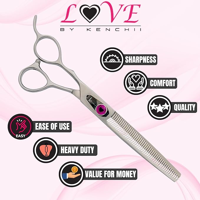 Kenchii Love Left Handed Dog Grooming Scissors, 46 Tooth Thinning Shears, Dog Scissors for Grooming, Professional Pet Grooming Scissors, Ergonomic & Comfortable