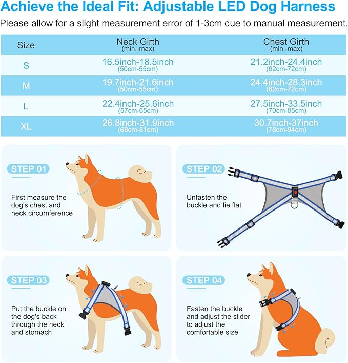 Visinite LED Dog Harness, USB Rechargeable Light Up Dog Harness Vest, 2 Illuminate Modes Glow in The Dark Dog Harness, Adjustable Lighted Dog Harness Light for Night Walking Safety (Blue, Small)