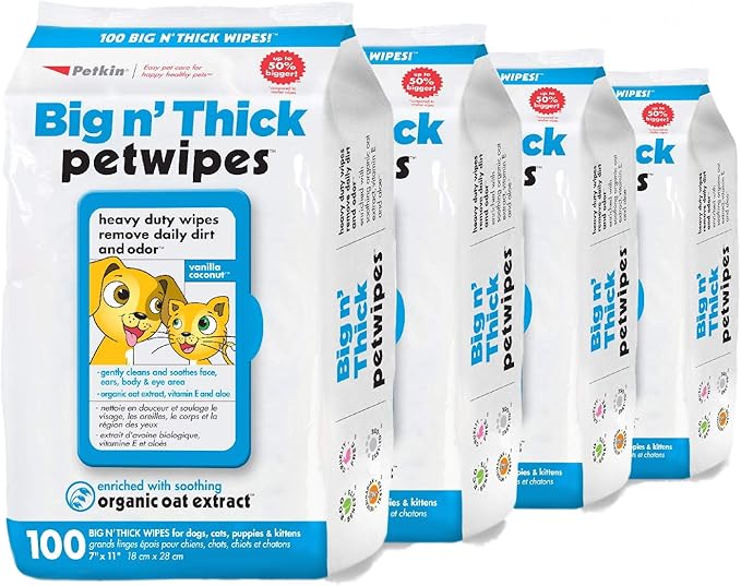 Petkin Pet Wipes for Dogs and Cats, 400 Wipes - Large Pet Wipes for Dogs and Cats - Cleans Ears, Face, Butt, Body and Eye Area - Convenient, Ideal for Home or Travel - 4 Packs of 100 Wipes