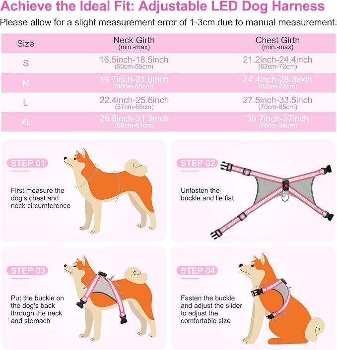 Visinite LED Dog Harness, USB Rechargeable Light Up Dog Harness Vest, 2 Illuminate Modes Glow in The Dark Dog Harness, Adjustable Lighted Dog Harness Light for Night Walking Safety (Pink, Small)