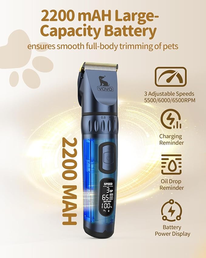 Vovo Dog Clippers - 3-Speed Heavy Duty, Low Noise Rechargeable Cordless Electric Dog & Cat Grooming Kit (Blue)