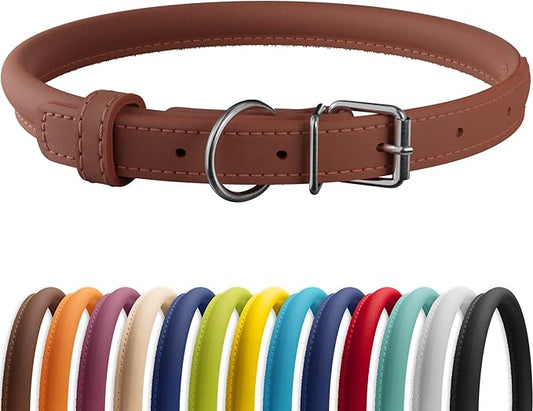 CollarDirect Rolled Leather Dog Collar, Soft Padded Round Puppy Collar, Handmade Genuine Leather Collar Dog Small Large Cat Collars 13 Colors (18-22 Inch, Cinnamon Smooth)