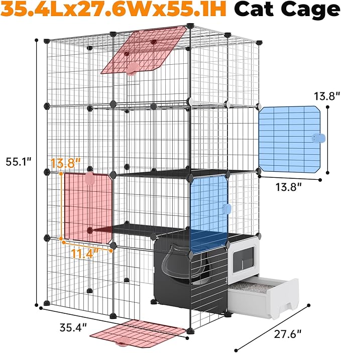 Oneluck Cat Cage with Litter Box, 4-Tier DIY Enclosures Detachable Metal Wire Kennel Indoor Crate Large Exercise Place Ideal for 1-2 Cats