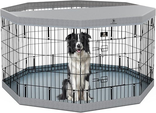 PJYuCien Dog Playpenr,8 Panels 30”H Dog Playpen with Gery Bottom Pad and Grey Top Cover,Metal Foldable Dog Exercise Pen for Indoor,Better for Medium Animals,Black