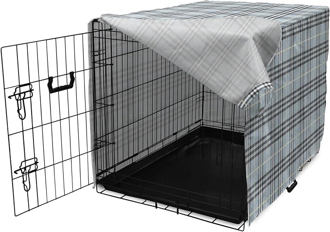 Lunarable Plaid Dog Crate Cover, Traditional Vintage Pattern with Modern Look Checkered Pastel Colored, Easy to Use Pet Kennel Cover for Medium Large Dogs, 42 Inch, Pale Blue Dimgray Cream