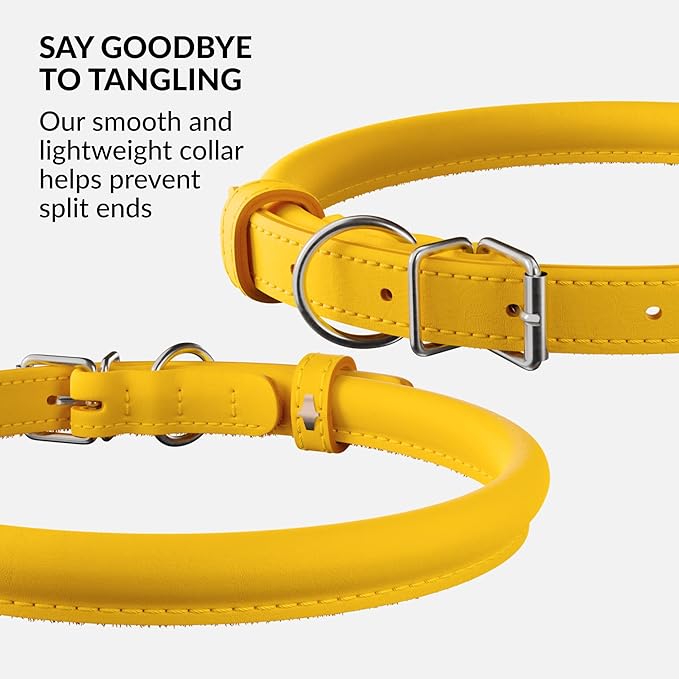 CollarDirect Rolled Leather Dog Collar, Soft Padded Round Puppy Collar, Handmade Genuine Leather Collar Dog Small Large Cat Collars 13 Colors (6-7 Inch, Yellow Smooth)