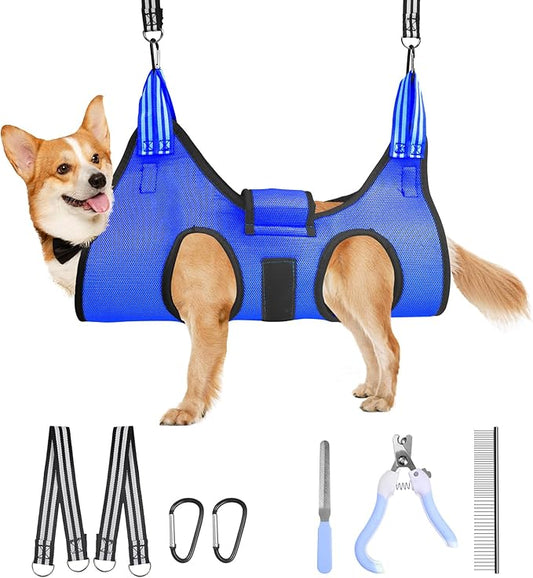 Pet Grooming Hammock Harness for Medium/Large Dogs with Belt Pasteable,Nail Clippers,Nail Trimmers,Comb, Trimming Relaxing/Safe,Dog Grooming Kit at Home(Blue)