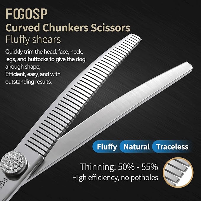 Professional Curved Comb Thinner Dog Grooming Scissors 7'' Curved Thinning Shears for Dogs Pet 56 Teeth 50% Thinning Rate Japan VG10 Sharp and Smooth Right Handed
