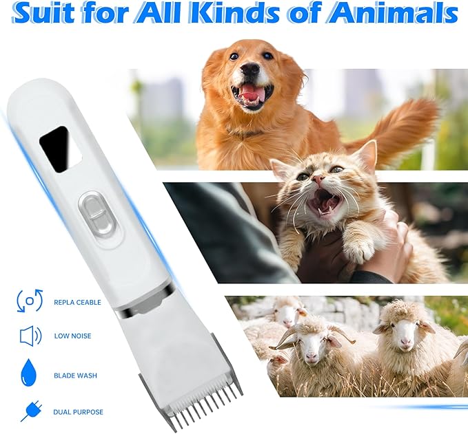 Dog Clippers Grooming Kit, 4 in 1 Rechargeable Low Noise USB Pet Trimmer Set, Clear Power Display Dog Hair Trimmer Cordless Quiet Nail Grinder Shaver for Dogs, Cats, Pets