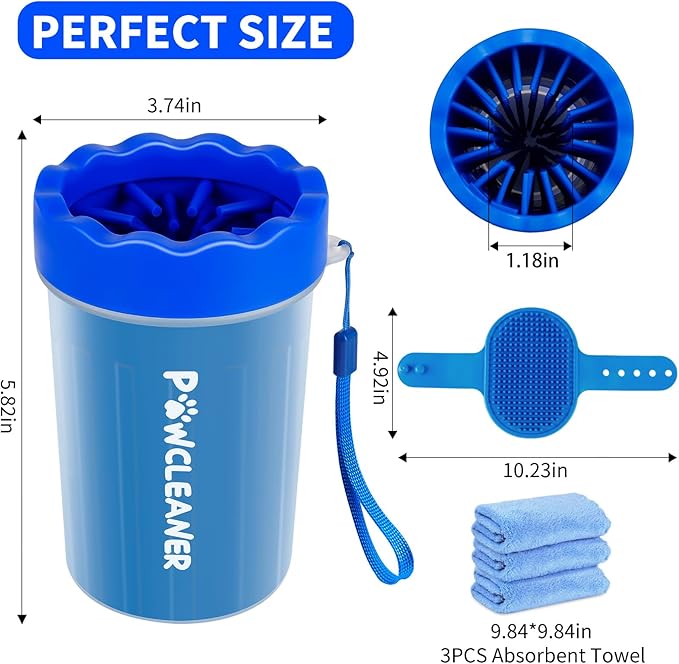 Dog Paw Cleaner for Dogs, (with 3Pcs Absorbent Towels & Adjustable Dog Bath Brush) Dog Paw Washer,Buddy Muddy Pet Foot Cleaner (Deep Blue, Medium)