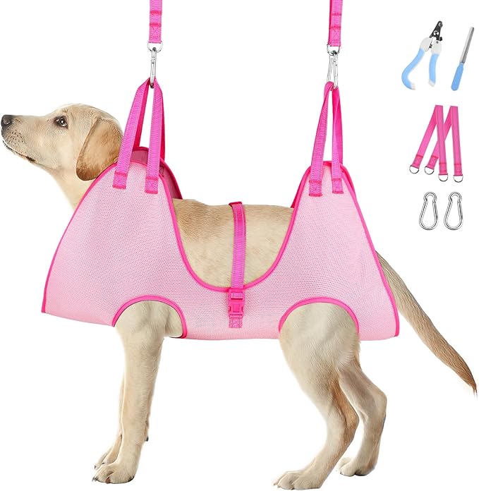 Dog Grooming Hammock, Breathable Cat Hanger Sling Harness Pet Grooming Hammock, Dog Sling for Nail Trimming, Cat Restraint Bag with Nail Clippers& Nail File (Pink, Small)