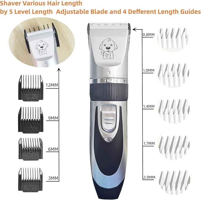 Dog Clippers Cat Clippers for Grooming Low Noise, Rechargeable, Cordless, Pet Shaver for Matted Hair, Quiet Animal Trimmer Pet Hair Thick Coats, for Dogs, Cats, Rabbits (Gray)