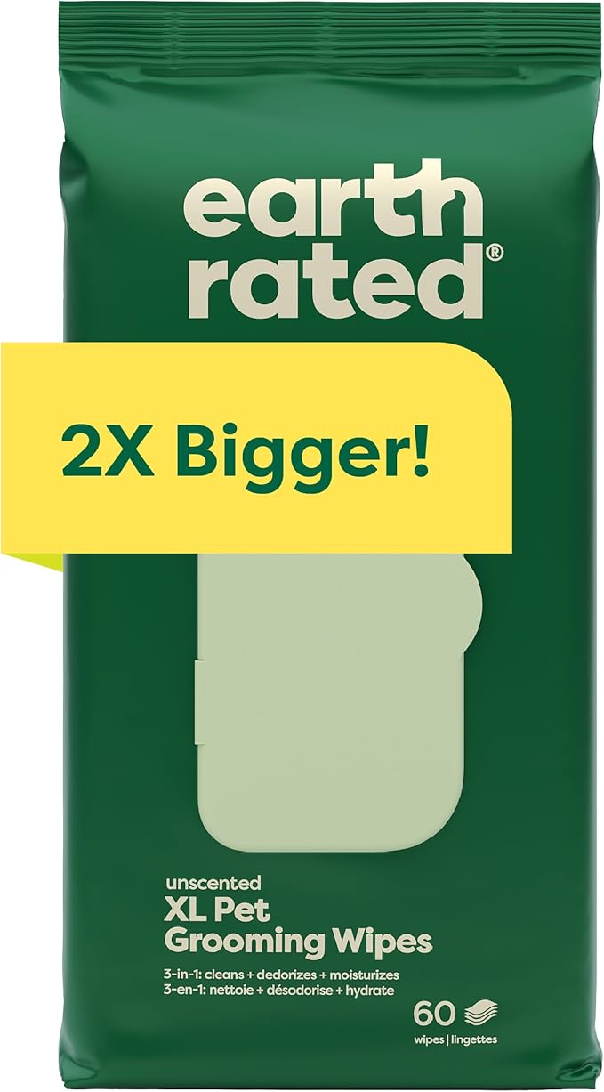 Earth Rated XL Pet Wipes for Dogs & Cats, 3-in-1 Hypoallergenic Cleaning, Deodorizing and Hydrating Extra Large Grooming for Body, Paws and Butt, Unscented, 60 Count