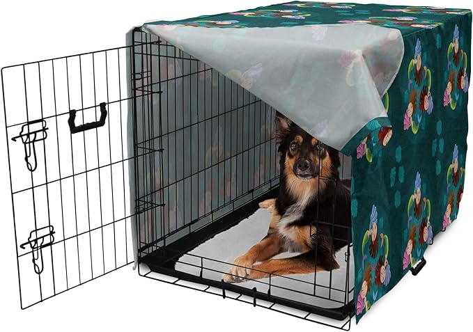 Lunarable Mermaid Dog Crate Cover, Smiling Happy Cheerful Mermaids with Seashells Scallops Exotic Waters Spirals, Easy to Use Pet Kennel Cover for Medium Large Dogs, 36 Inch, Teal Multicolor