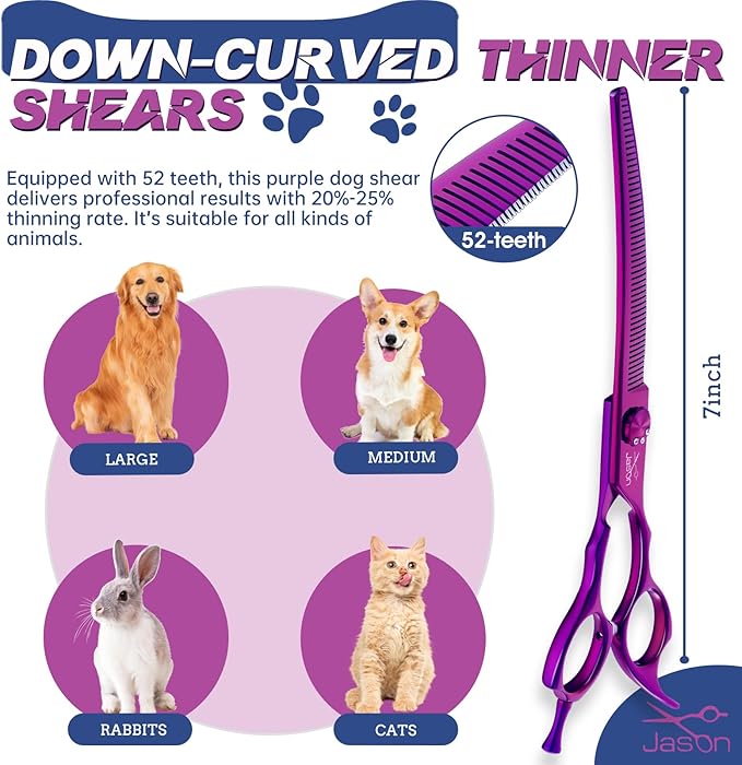 JASON 7" Curved Thinner Dog Scissors - Ergonomic Pet Scissors Purple Curved Blender Dog Shears 440C Stainless Steel Grooming Shears Professional Pet Shears For Groomer (52-Teeth, Down-curved)