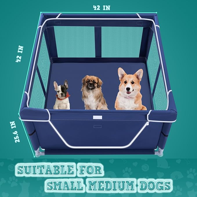 42x42x25.6 Inches Puppy Playpen with Gate, Dog Playpen for Puppies or Small Dogs, DogFence Pet Playpen for Indoor & Outdoor, Sturdy Safety DogPen with Thickened Fabric, High-Strength Nylon Wire Mesh