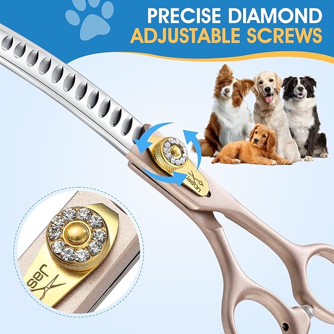 JASON Professional Curved Chunker Shears - 7 Inch Chunker Scissor Dog Grooming Japanese 440C Stainless Steel Diamond Screw with 21 Fishbone Teeth Dog Shears, Rosegold