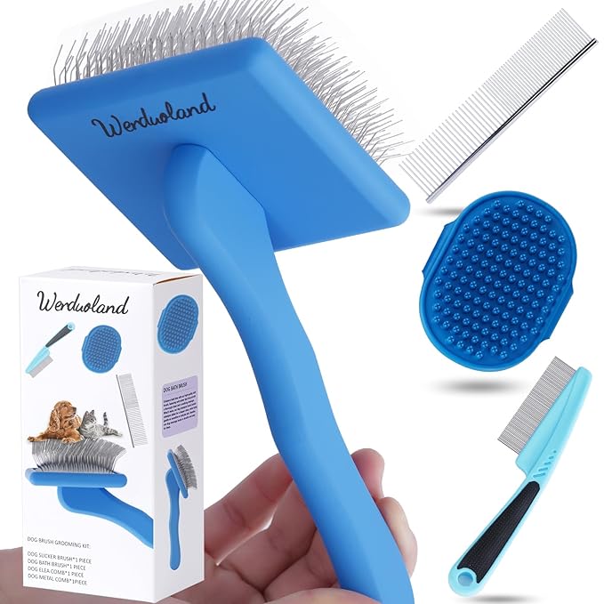 Dog Slicker Brush for Long Haired Dogs Doodle Brush for Dogs Large Dog Slicker Brush for Goldendoodles with Ergonomic Solid Wooden Handle Long Pin Grooming Brush for Dogs (Blue)