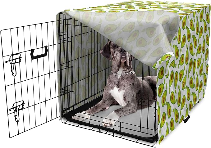 Lunarable Avocado Dog Crate Cover, Pattern of Sliced Healthy Fruits Scattered, Easy to Use Pet Kennel Cover for Medium Large Dogs, 48 Inch, Lime Green White Brown