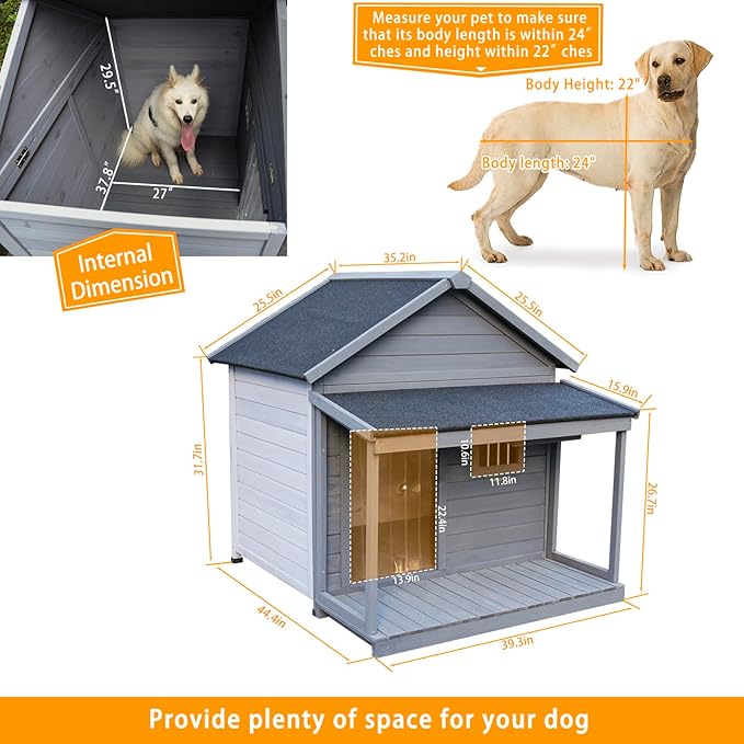 Outdoor Large Dogs House with Spacious Terrace,Open Waterproof Asphalt Roof Dog Kennel W/Breathable Window and Door Curtain,Fir Wood Dog Cage for Large Dogs,Easy to Assemble,Gray