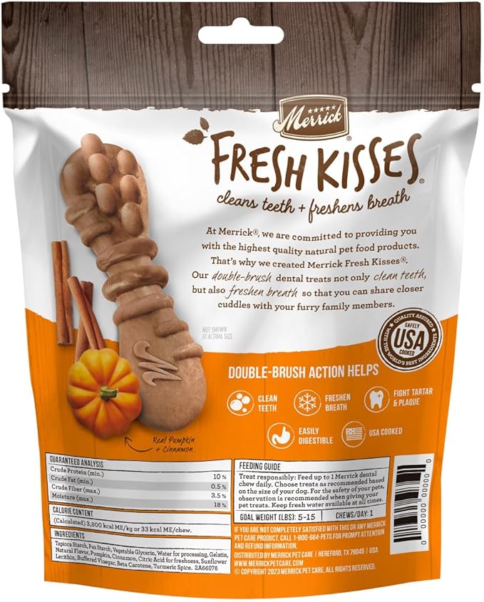 Merrick Fresh Kisses Natural Dental Chews, Treats Infused with Pumpkin and Cinnamon for Tiny Dogs 5-15 Lbs - 5.3 oz. Pouch