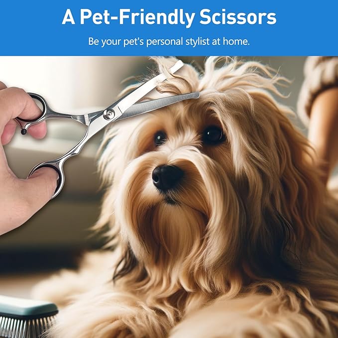 Professional Curved Dog Grooming Scissors with Rounded Tips, Cat Shears, 4CR Stainless Steel Curved Blades, Pet Home Grooming Tools