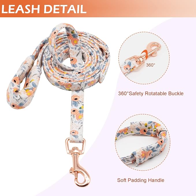 No Pull Small Dog Harness and Leash Set, Soft Adjustable Floral Puppy Dog Harness Vest for Extra Small-Medium Pet Dogs and Cat, Orange Flower, Medium