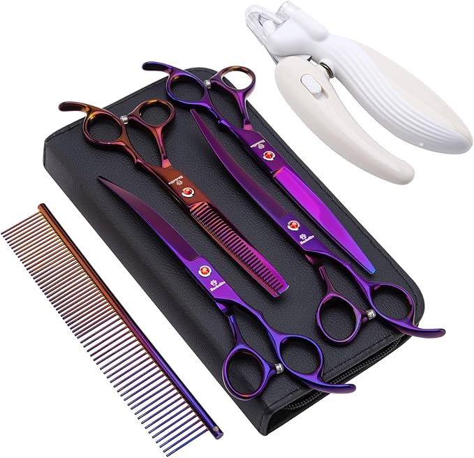 8.0 in 9CR Titanium Professional dog grooming scissors set,Grooming Scissors for Dogs Cats,Pet nail clippers,Shears, Straight,Curved,Thinning Shears,Comb for Full Body,Face, Nose,Ear,Paw