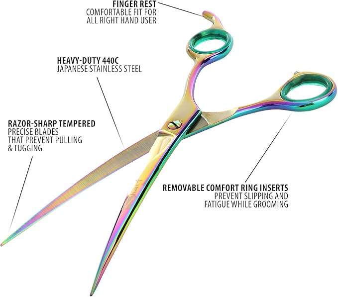 Sharf Rainbow 8.5 Inch Curved Dog Grooming Scissors - Trusted Brand - Premium Steel Professional Dog Grooming Scissors - Ergonomic Design