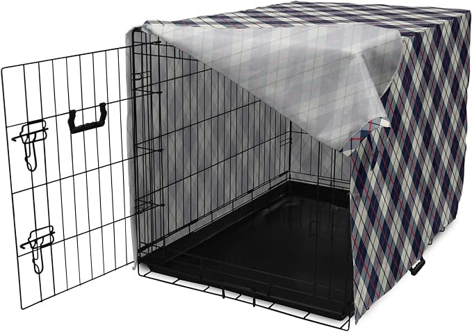 Lunarable Plaid Dog Crate Cover, Celtic Fashion Diagonal Retro Style Classical Irish Culture Inspiration, Easy to Use Pet Kennel Cover for Medium Large Dogs, 36 Inch, Night Blue Red Beige