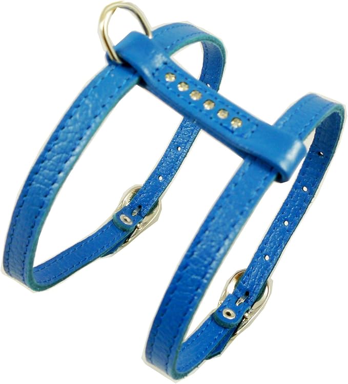 Genuine Leather Dog Harness for Toy Breeds X-Small. 10"-13" Chest Circumference Rhinestones (Blue)