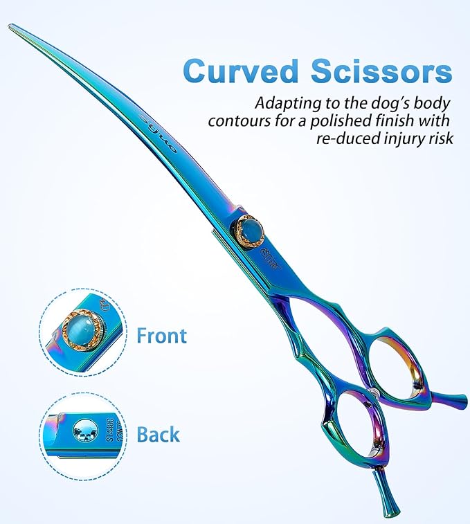 7.5'' Dog Curved Scissors for Grooming 440C Stainless Steel Green Professional Pet Trimming Scissors Sharp Blades Cutting for Dogs and Cats Shears