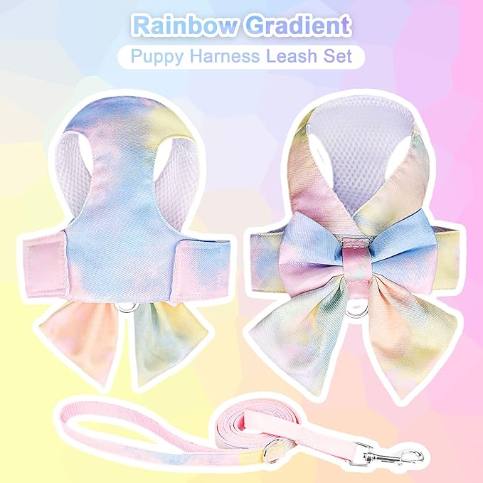 PETCARE Cute Bow Tie Dog Harness and Leash Set Elegant Rainbow Gradient Puppy Harness No Pull Soft Mesh Pet Cat Dog Vest Harnesses for Small Dogs Cats, Yellow