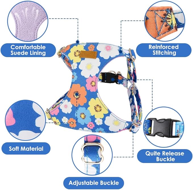 SlowTon No Pull Dog Harness with Leash - Soft Lightweight Floral Pattern Puppy Harness, Adjustable Pet Harness for Small Medium Dogs (Blue Flower S)