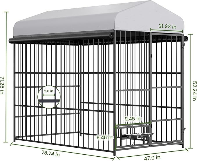 Rovibek Outdoor Dog Kennel, Outside Dog Kennel with Roof, Dog Kennels Outside, Heavy Duty Dog Enclosure with 2 Rotating Bowls, Large Dog Kennels Outdoor