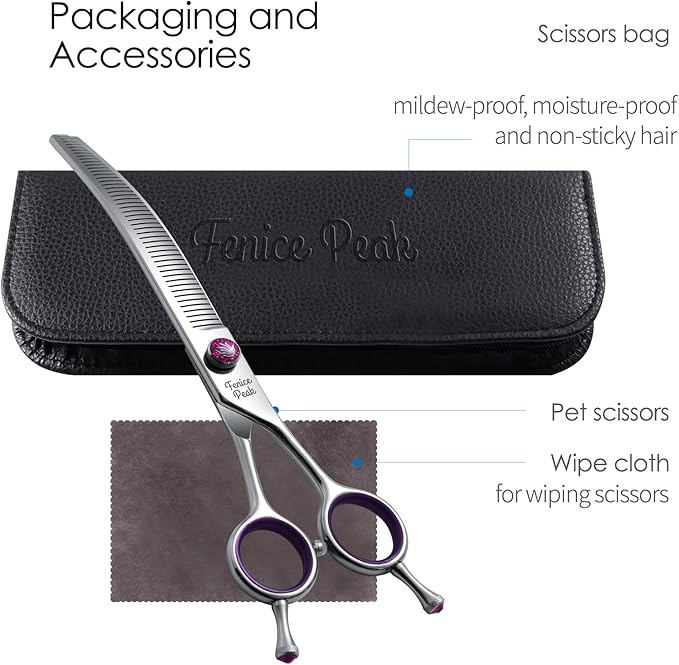 Fenice Peak 6.5'' Fluffy Dog Grooming Scissors Professional 440C Curved Thinning Shears 55% Thinning Rate and 30°Curved Sharp and Durable with Decorative Screws & Tails