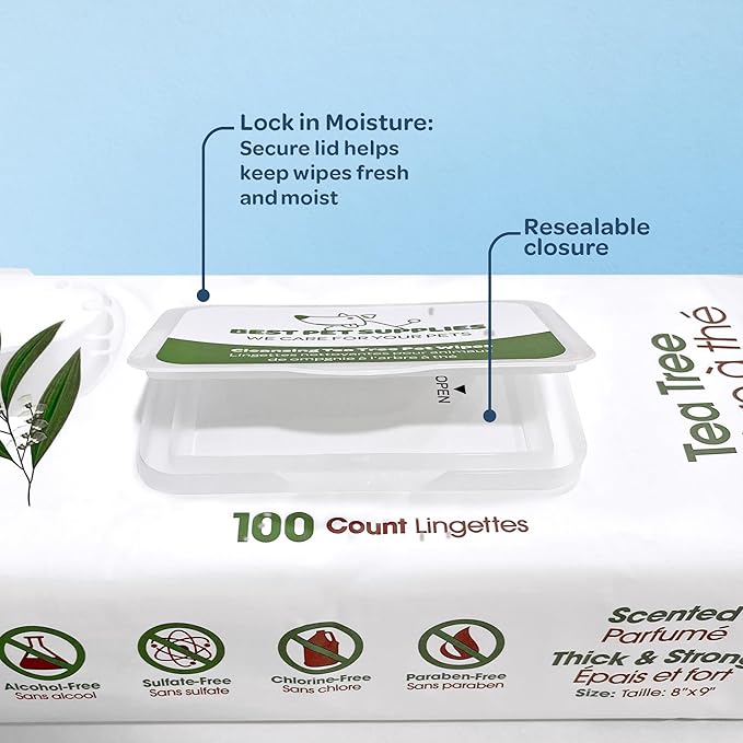 Best Pet Supplies Pet Wipes for Dogs - Dog Wipes Cleaning Deodorizing, for Coats, Ears, Paws - Cleansing Tea Tree, 100 Count