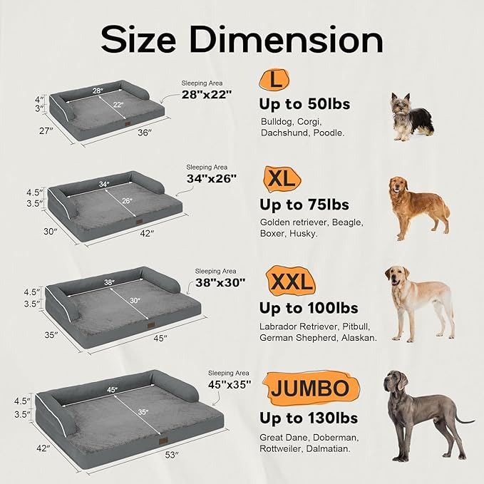 Large Dog Bed Orthopedic Washable: Dark Grey Dog Bed with Waterproof Cover and Removable Bolster, Egg Foam Couch Sofa for Medium XXXLarge Dogs