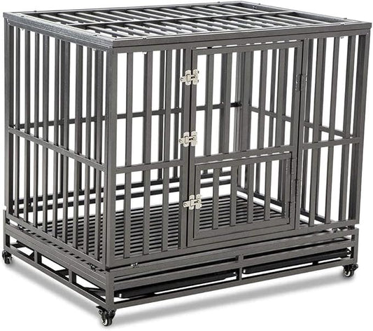 LUCKUP Heavy Duty Dog Cage Metal Kennel and Crate for Medium and Large Dogs, Pet Playpen with Four Wheels,Easy to Install,42 inch,Black