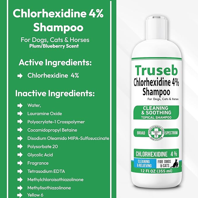 Truseb Topical Chlorhexidine 4% Shampoo for Dogs, Cats, and Horses with Plum/Blueberry Scent - 12 oz - Made in U.S.A (Chlorhexidine 4% Shampoo, 12 oz)