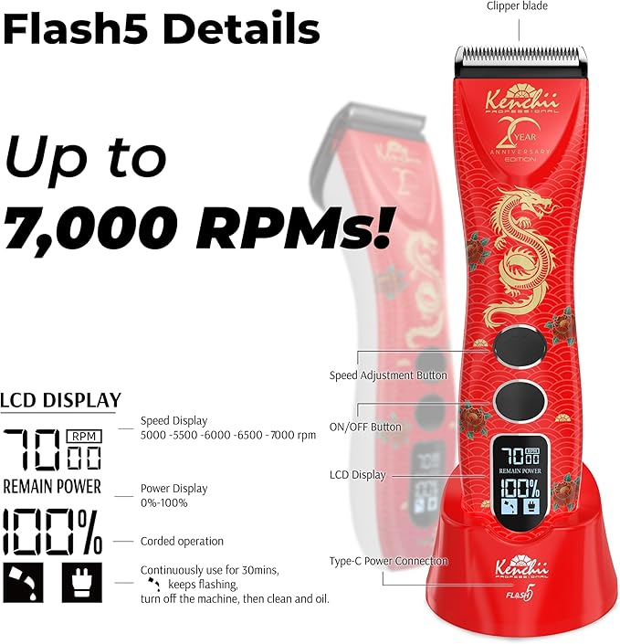 Kenchii Flash 5 Red Dragon Limited Edition - 5-in-1 Digital Cordless Clipper - Precision Pet Grooming: Trim, Shape, and Style Effortlessly USB-C Charging (Red)