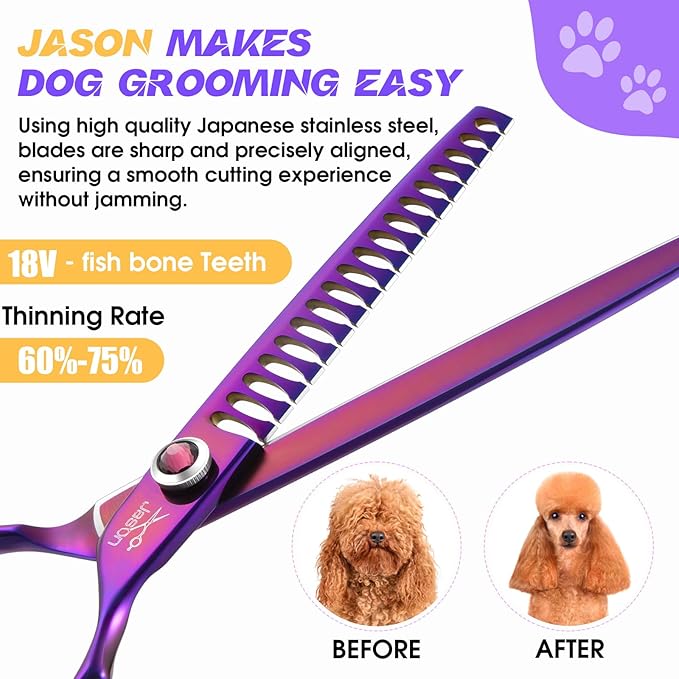 JASON Dog Scissors for Grooming - 7.5" Chunker Scissors for Dog Grooming, Japanese 440C Stainless Steel Chunking Shears with Diamond Adjustable Screw (18 Teeth, Purple)