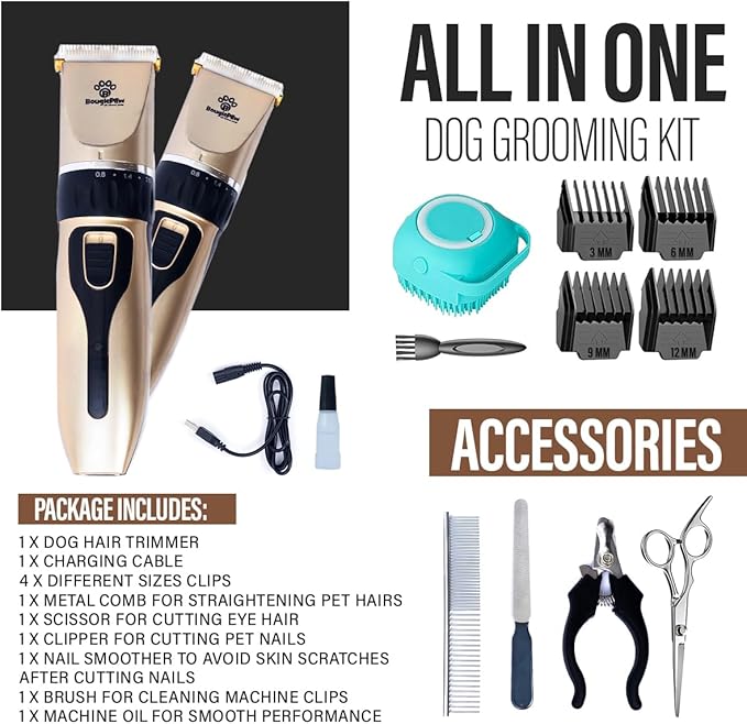 Grooming Kit for Dogs at Home - Rechargeable Low Noise Cat and Dog Shavers & Clippers for Grooming Thick Hair - Cordless Grooming Clippers Includes Pet Hair Clippers, Nail Trimmer, Shears & Bath Brush