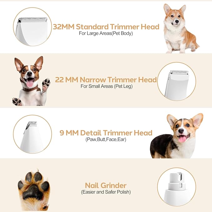 Dogs Hair Clippers Grooming Kit with Nail Grinder, 4 in 1 Cordless Electric Trimmer Low Noise USB Pet Clippers for Dogs Cat,Grooming Paws, Eyes, Ears, Face,Matted Hair
