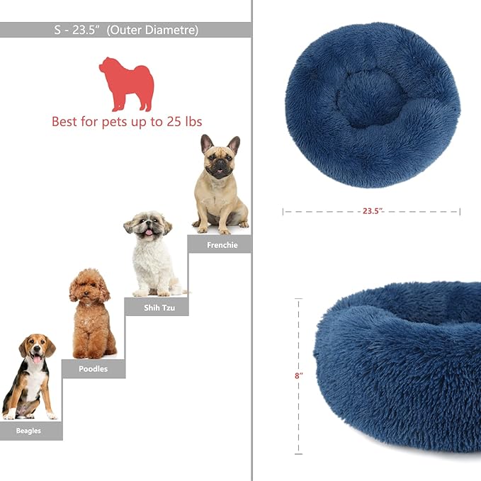 Puppy Bed for Calming Dog 23 Inches Navy Blue Anti-Anxiety Donut Dog Bed for Small Medium Dogs Washable Fuzzy Dog Bed Fits up to 15 lbs Pets Beds for Small Dog