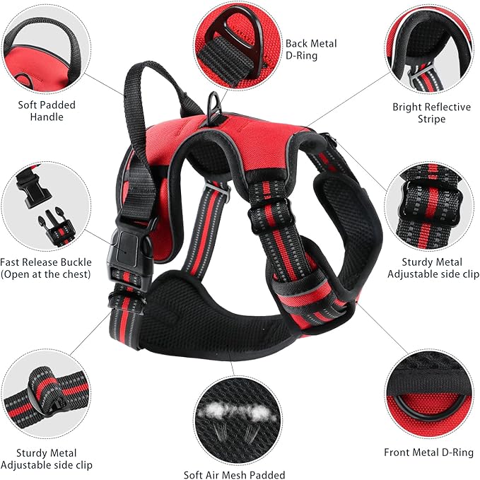 Dog Harness,Adjustable Soft Padded Dog Vest with 2 Leash Clips,No-Pull Pet Harness with 2 Snap Buckles,Reflective No-Choke Pet Oxford Vest for Small Medium Large Dogs (Red, L)
