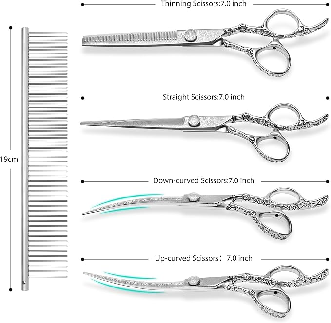 Dog Grooming Scissors,Silver with Safety Round Tips,5 in 1 Curved Dog Scissors for Grooming,Professional Pet Grooming Shears Set for Dogs and Cats