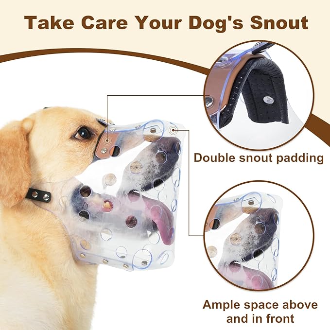 Mayerzon Dog Muzzle, Basket Muzzle for Large Medium Small Dogs, Humane Cage Mouth Guard to Prevent Biting Chewing Eating, Breathable Muzzle for Grooming Training Walking Vet Visits (M, Clear)